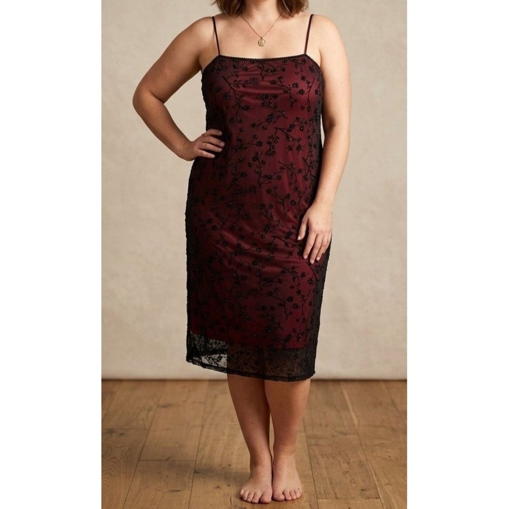 90s Vintage DORI Red & Black Sheer Sparkle Floral Overlay Midi Slip Dress 3XL
